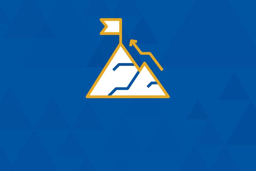 一座山的图标和一个指向上方的箭头，顶端有一面旗帜.